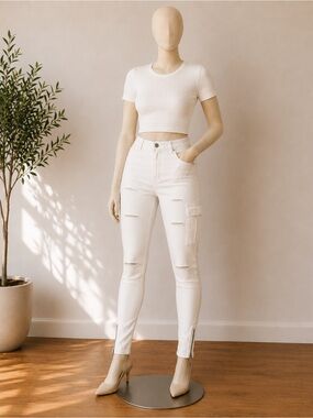 White Distressed Skinny Jeans with Ankle Zippers